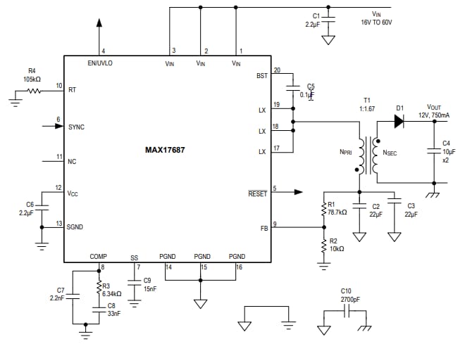 Application Circuit Diagram - Analog Devices / Maxim Integrated MAX17687 Iso-Buck DC-DC Converter